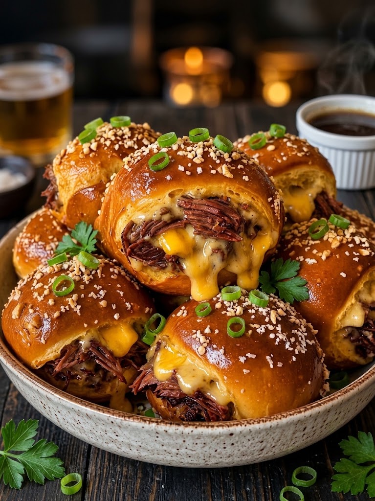 Slow-Cooker Shredded Beef Pretzel Sliders 1 Slow-Cooker Shredded Beef Pretzel Sliders
