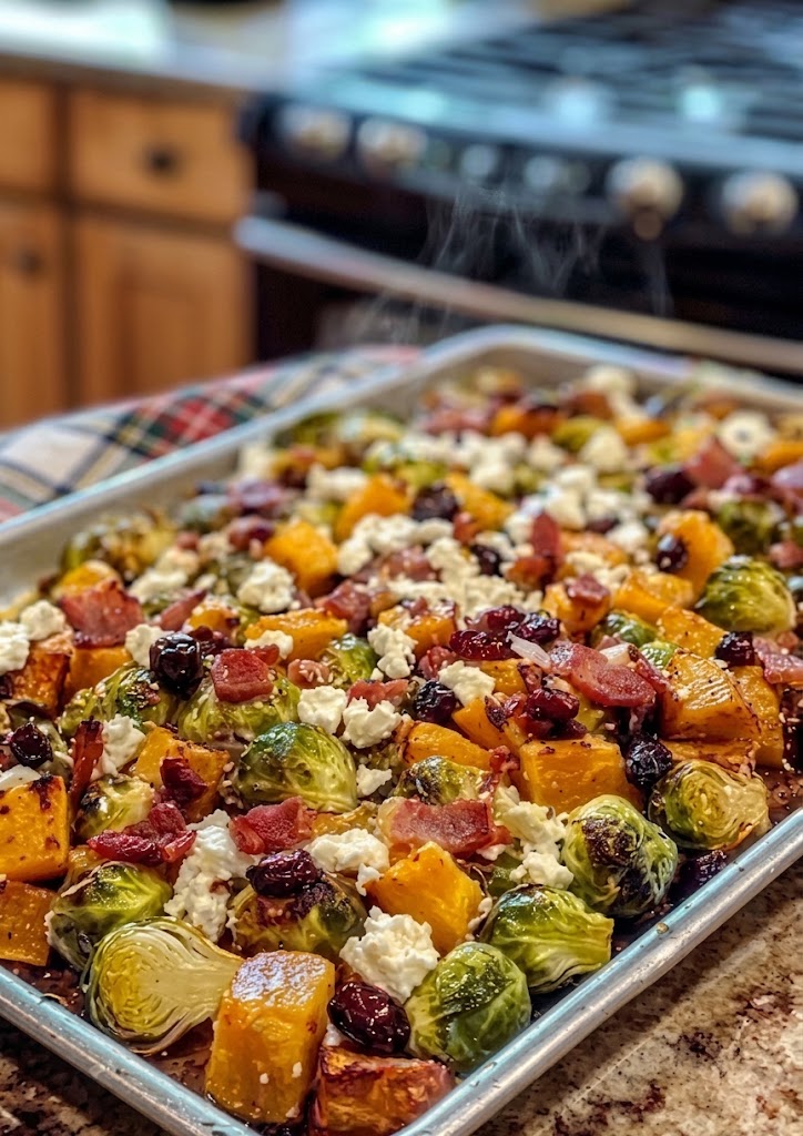 Roasted Brussels Sprouts and Butternut Squash with Bacon, Cranberries, and Feta 1 Roasted Brussels Sprouts and Butternut Squash with Bacon, Cranberries, and Feta