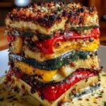 Layered Mediterranean Eggplant Zucchini Yellow & Red Bell Pepper Lasagna with Creamy Garlic Herb Three-Cheese Drizzle