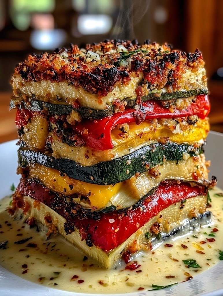 Layered Mediterranean Eggplant Zucchini Yellow & Red Bell Pepper Lasagna with Creamy Garlic Herb Three-Cheese Drizzle