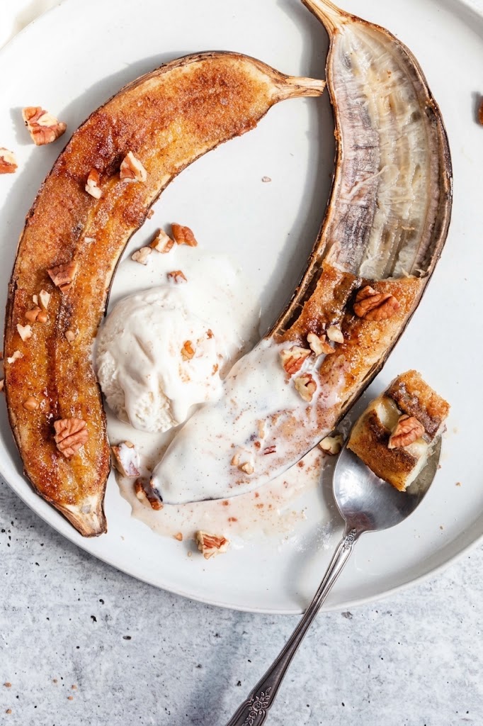Cinnamon Baked Bananas with Pecans & Ice Cream
