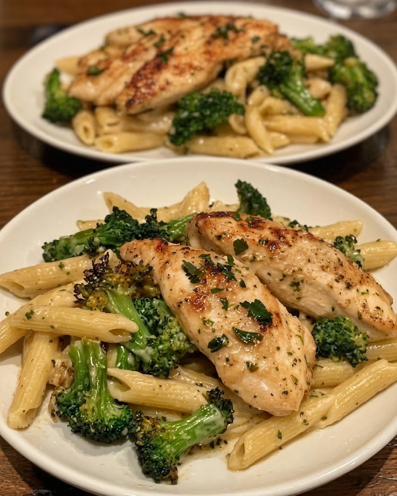 Garlic Parmesan Chicken with Roasted Broccoli Penne 🍗🧄🧀🥦
