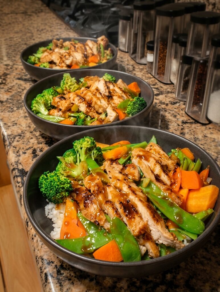 Honey Garlic Chicken Veggie Rice Bowls