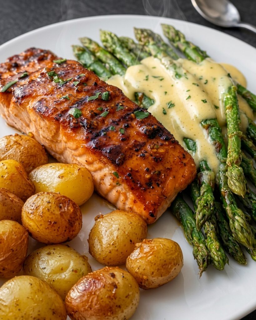 🍯🧄 Honey Garlic Glazed Salmon with Roasted Baby Potatoes & Cheesy Asparagus