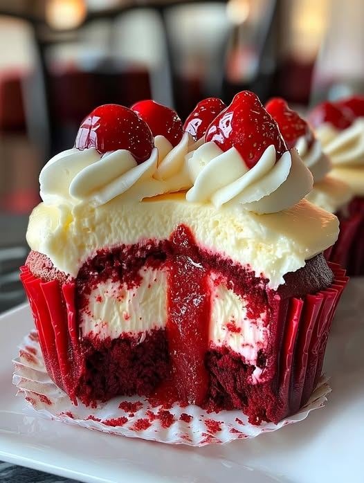 Low-Carb Strawberry Cheesecake Red Velvet Cupcakes