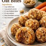May be an image of text that says Carrot Date Oat Bites Ingredients 1 cup rolled oats 1 cup grated carrots 1 2 cup Medjool dates 1 4 cup walnuts 2 tbsp shredded coconut 1 tsp cinnamon 1