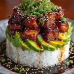 Low-Carb Mediterranean Sticky Honey Soy Chicken & Avocado Rice Stack