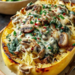 Vegan Creamy Spinach and Mushroom Stuffed Spaghetti Squash