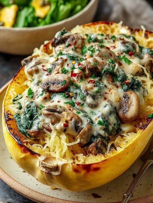 Vegan Creamy Spinach and Mushroom Stuffed Spaghetti Squash