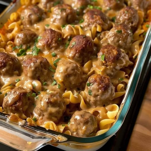 Creamy Swedish Meatball Noodle Bake