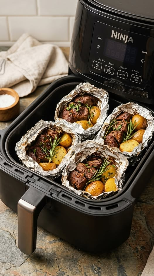 Air Fryer Garlic Butter Steak and Potato Foil Packets